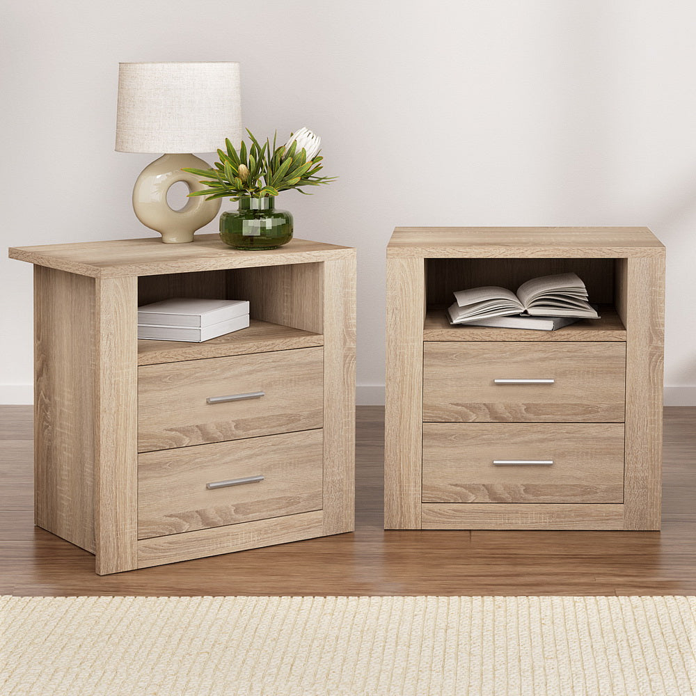 Artiss Tara Bedside Tables with 2 Drawers and Shelf – Oak Look, Set of 2
