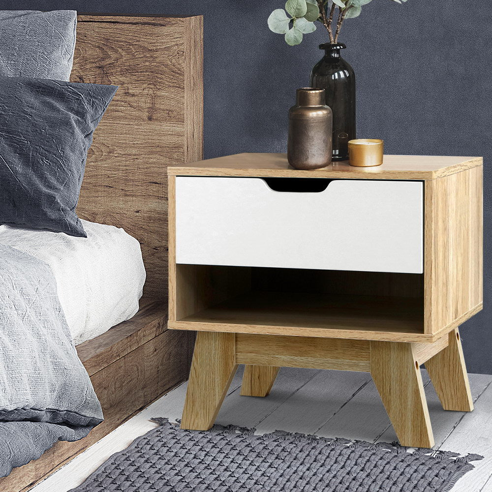 Artiss Iker Bedside Table with Drawer and Shelf – White and Wood Look