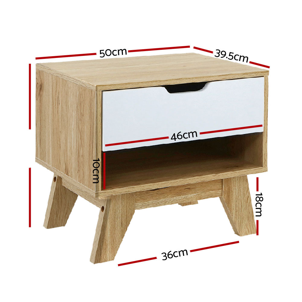Artiss Iker Bedside Table with Drawer and Shelf – White and Wood Look