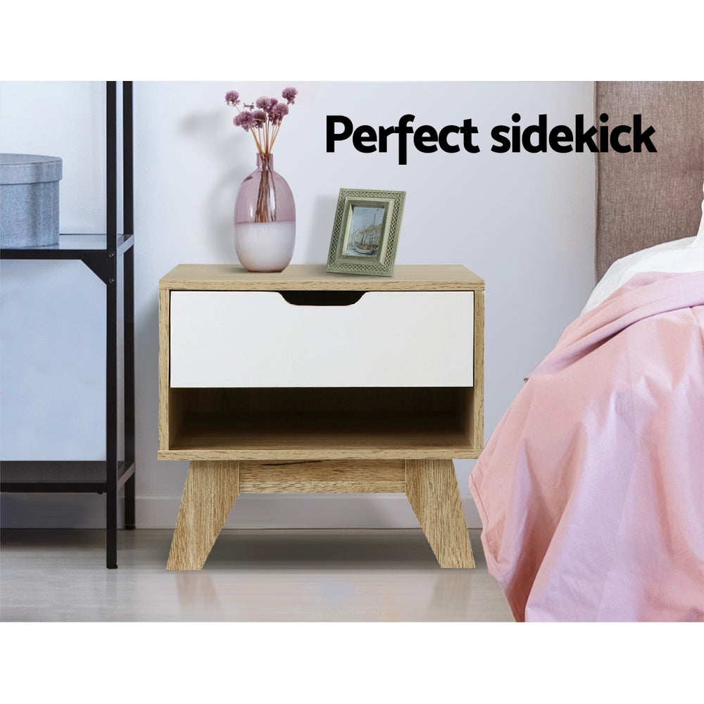 Artiss Iker Bedside Table with Drawer and Shelf – White and Wood Look