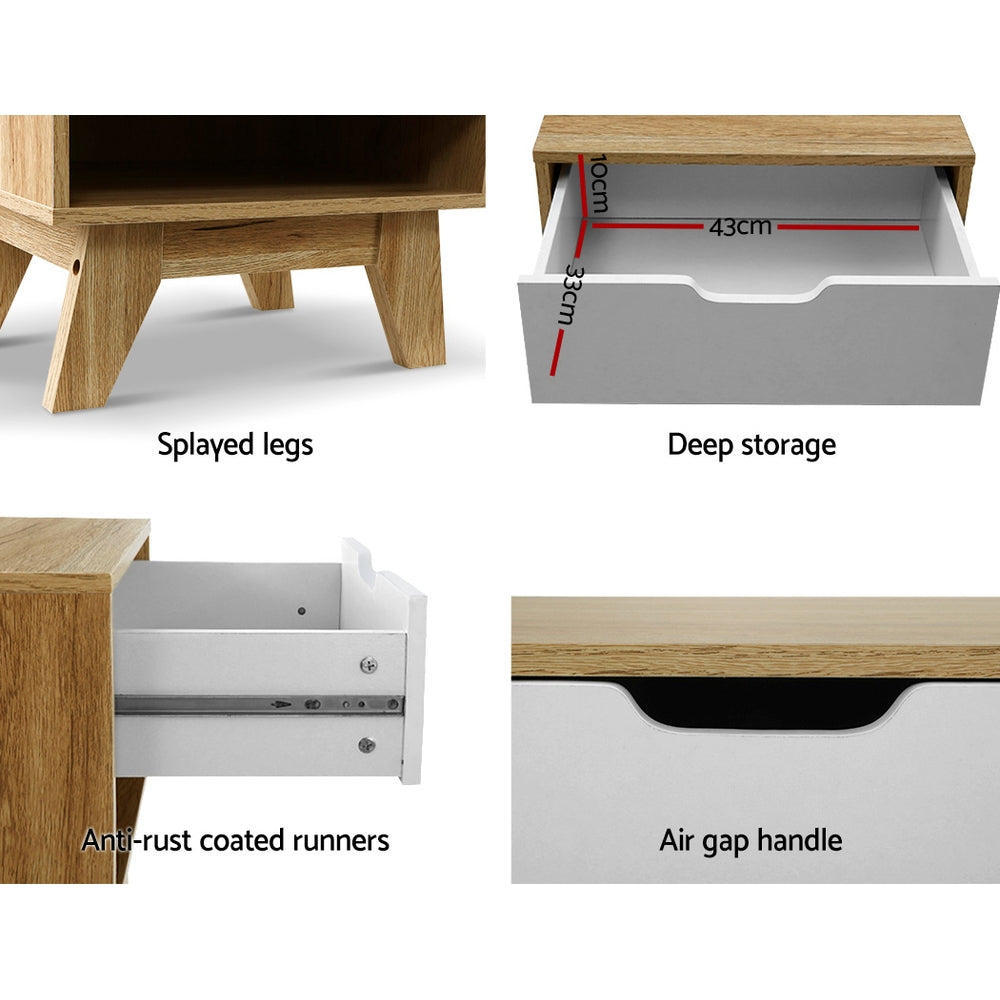 Artiss Iker Bedside Table with Drawer and Shelf – White and Wood Look