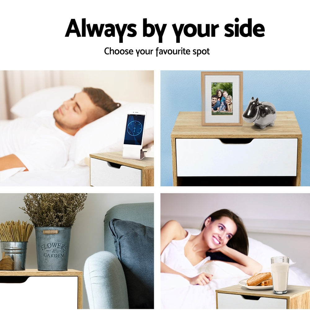 Artiss Iker Bedside Table with Drawer and Shelf – White and Wood Look