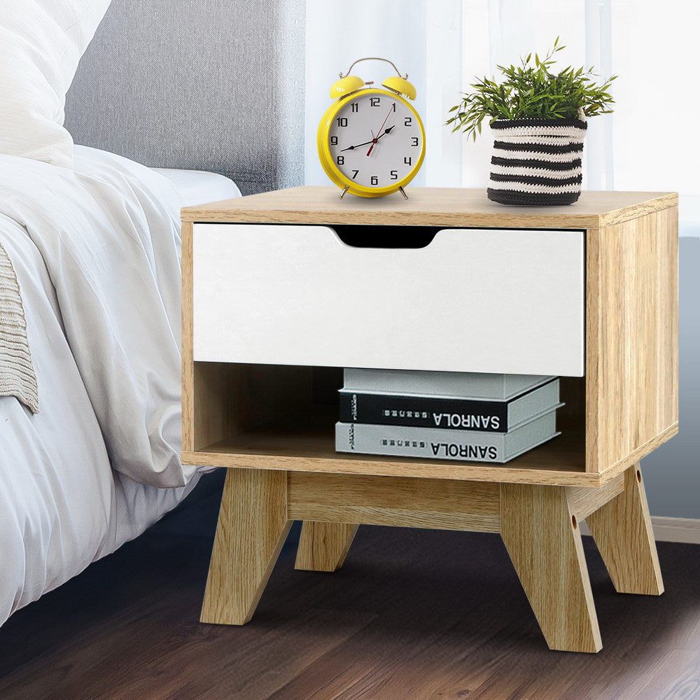 Artiss Iker Bedside Table with Drawer and Shelf – White and Wood Look
