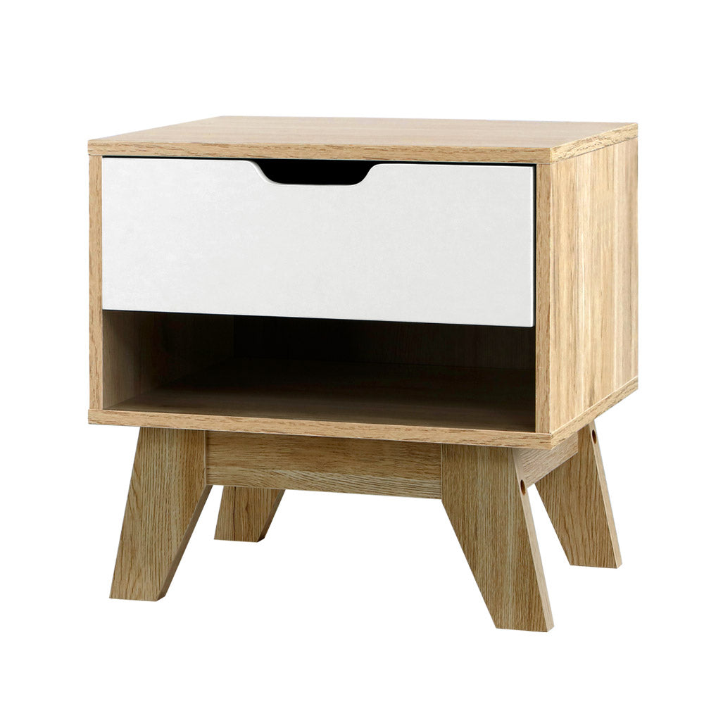 Artiss Iker Bedside Table with Drawer and Shelf – White and Wood Look