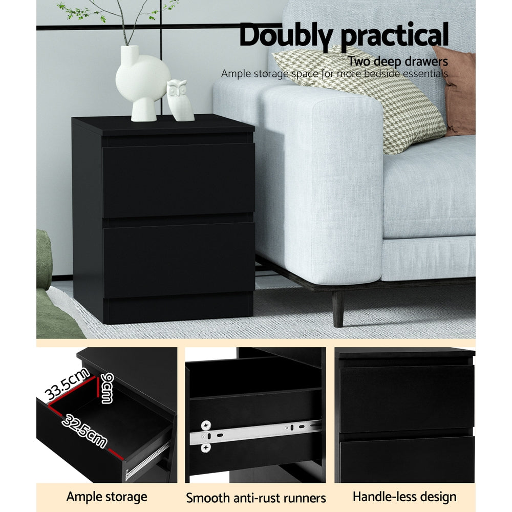 Artiss Pepe Handle-Free Bedside Tables – Black, Set of 2