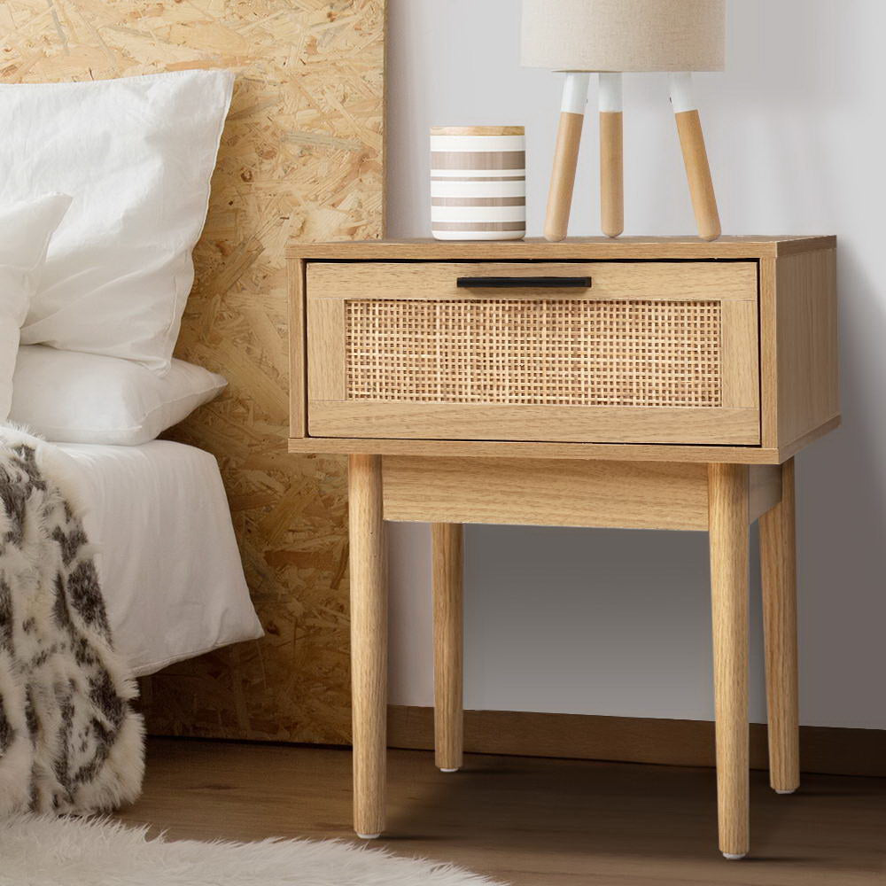 Artiss Bedside Table with Real-Rattan Drawer Front – Wood Look