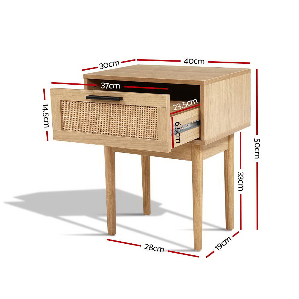 Artiss Bedside Table with Real-Rattan Drawer Front – Wood Look