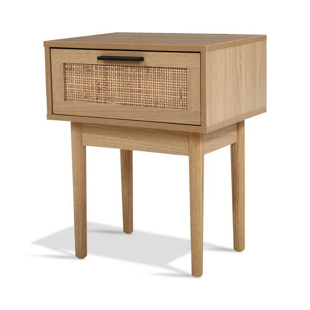 Artiss Bedside Table with Real-Rattan Drawer Front – Wood Look