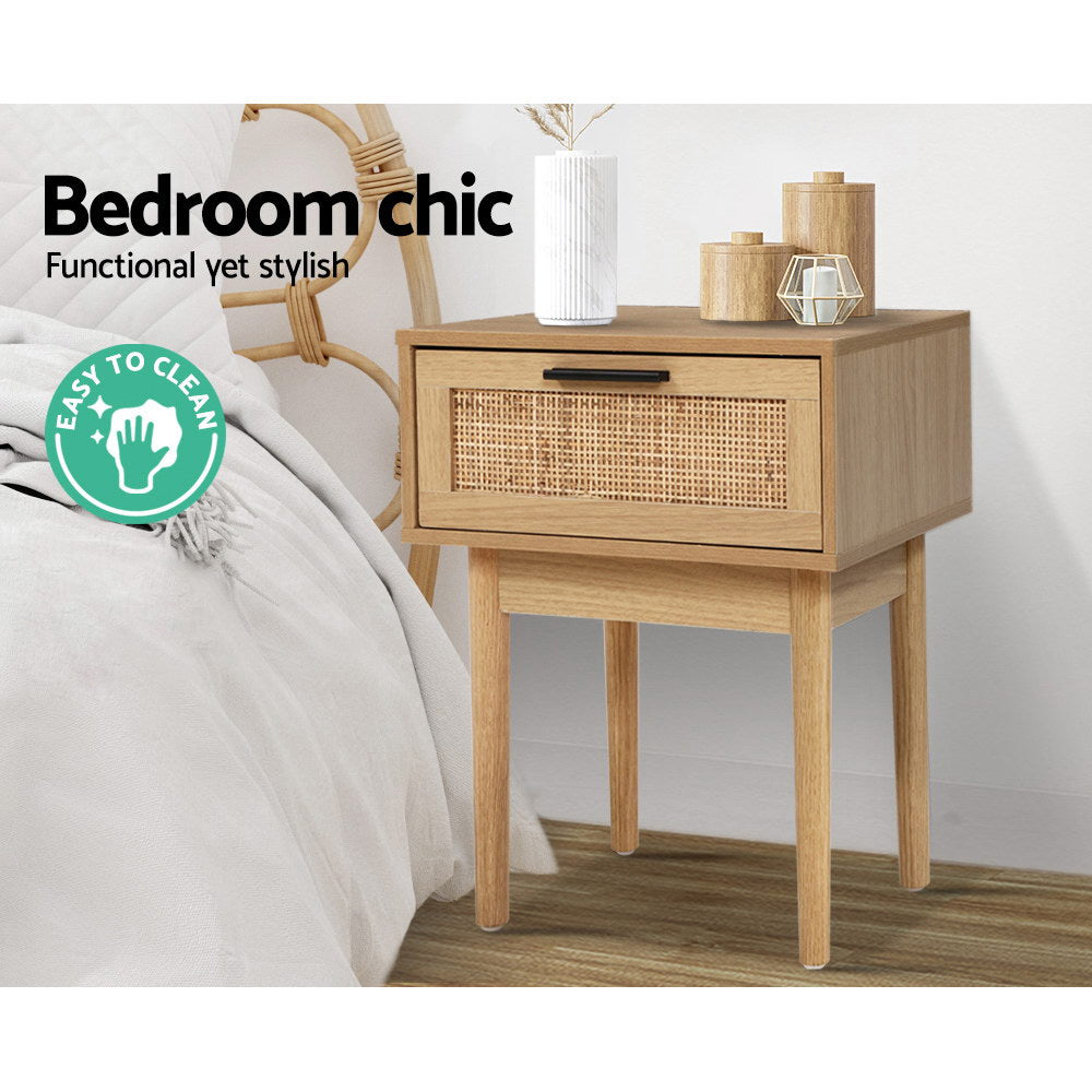 Artiss Bedside Table with Real-Rattan Drawer Front – Wood Look