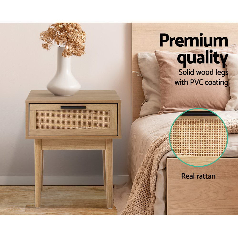 Artiss Bedside Table with Real-Rattan Drawer Front – Wood Look