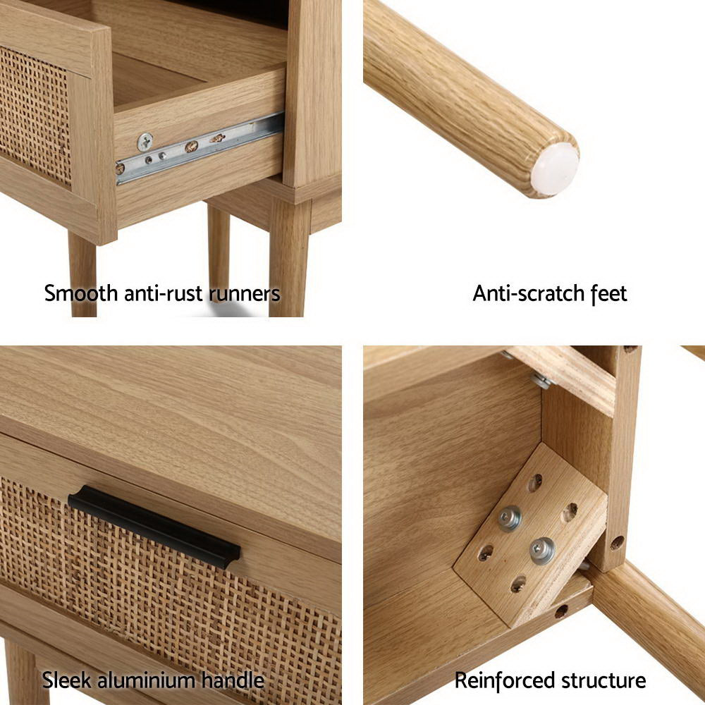 Artiss Bedside Table with Real-Rattan Drawer Front – Wood Look