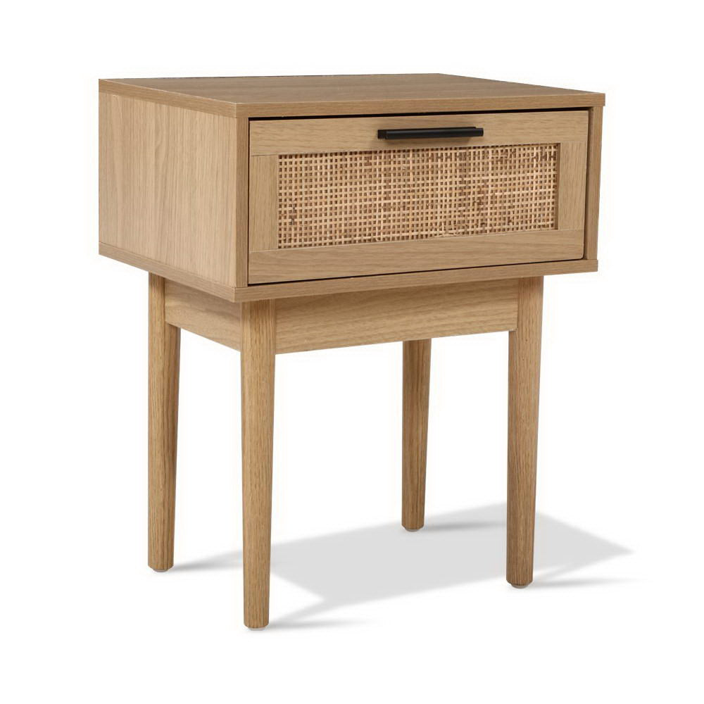 Artiss Bedside Table with Real-Rattan Drawer Front – Wood Look