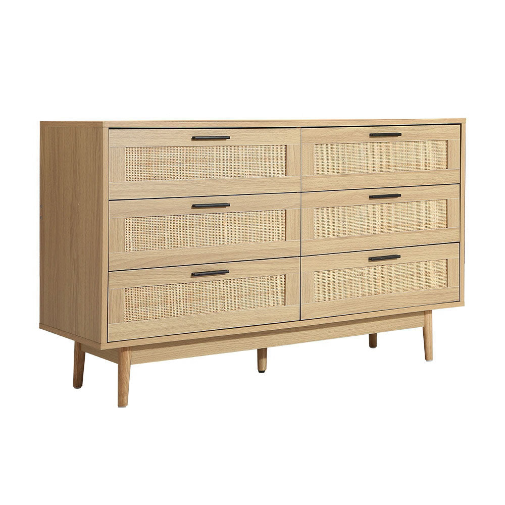 Artiss Briony Rattan-Front 6-Drawer Lowboy – Wood Look