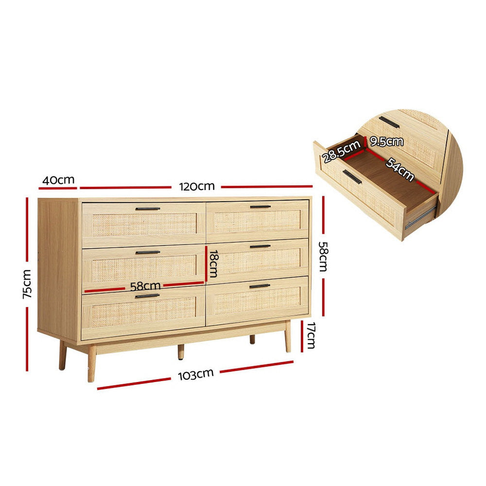 Artiss Briony Rattan-Front 6-Drawer Lowboy – Wood Look