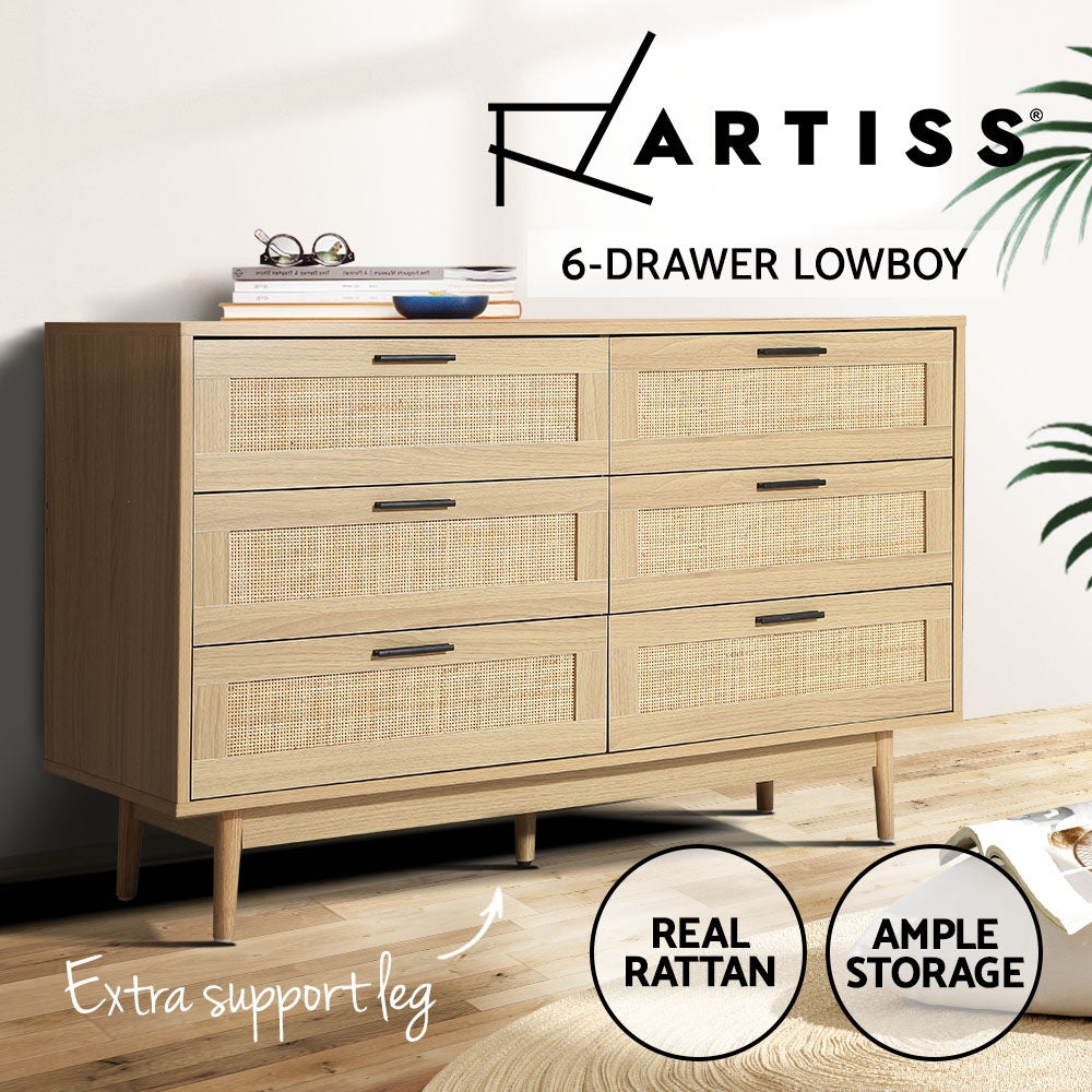 Artiss Briony Rattan-Front 6-Drawer Lowboy – Wood Look