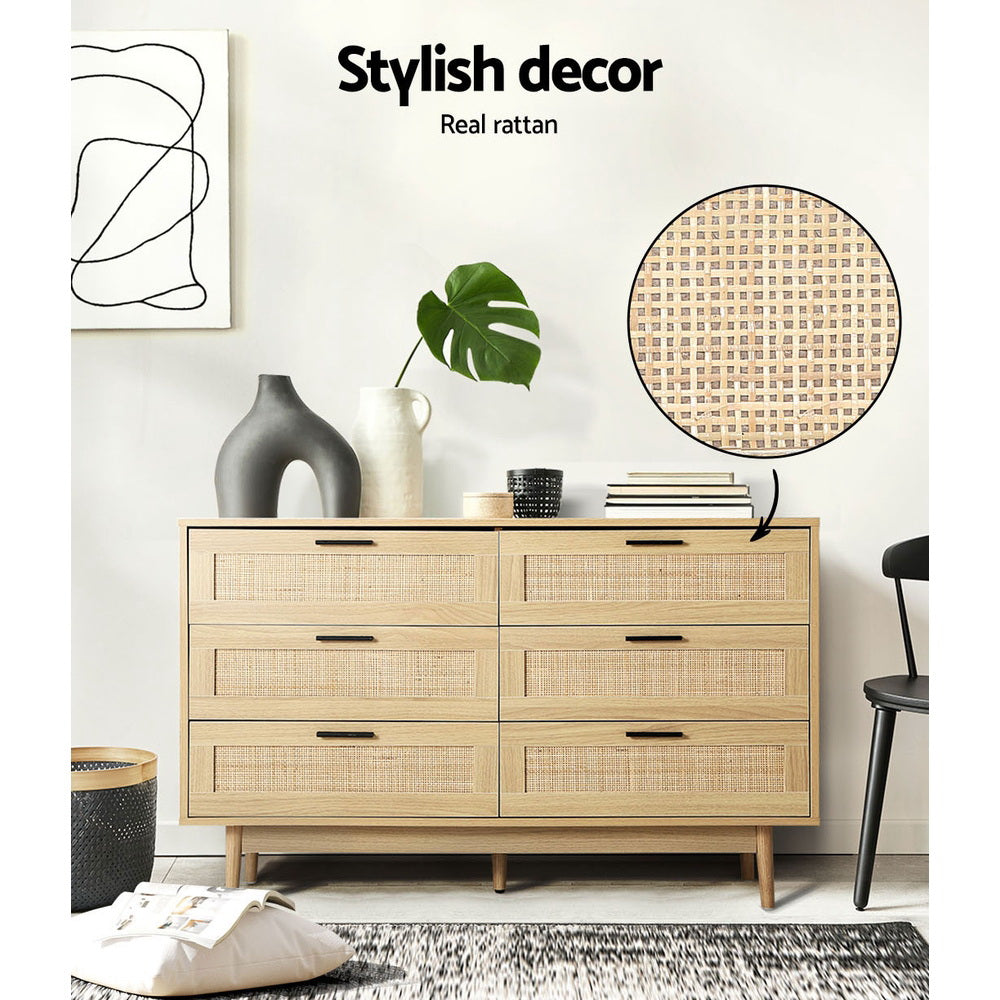 Artiss Briony Rattan-Front 6-Drawer Lowboy – Wood Look