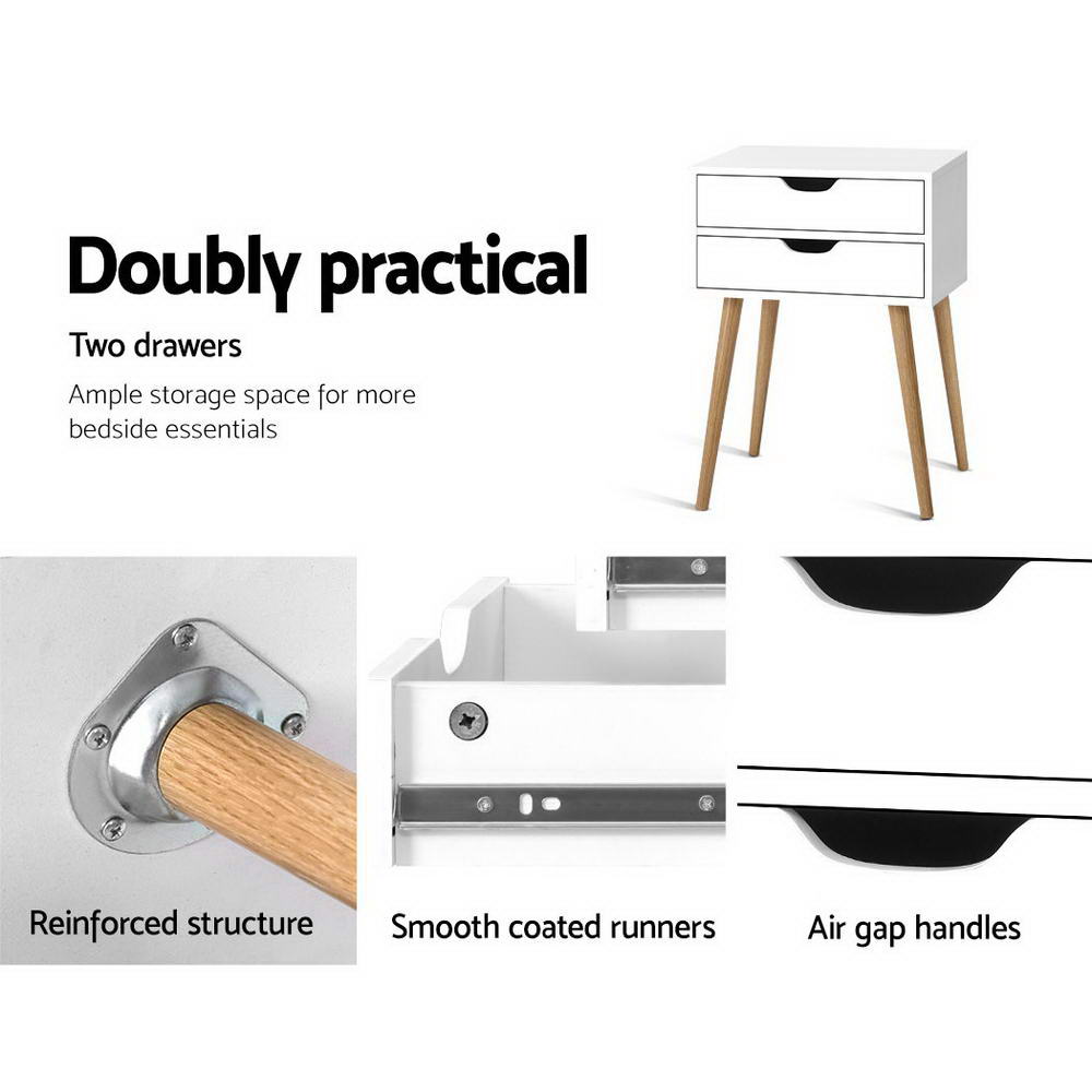 Artiss Bodie 2-Drawer Bedside Table – White