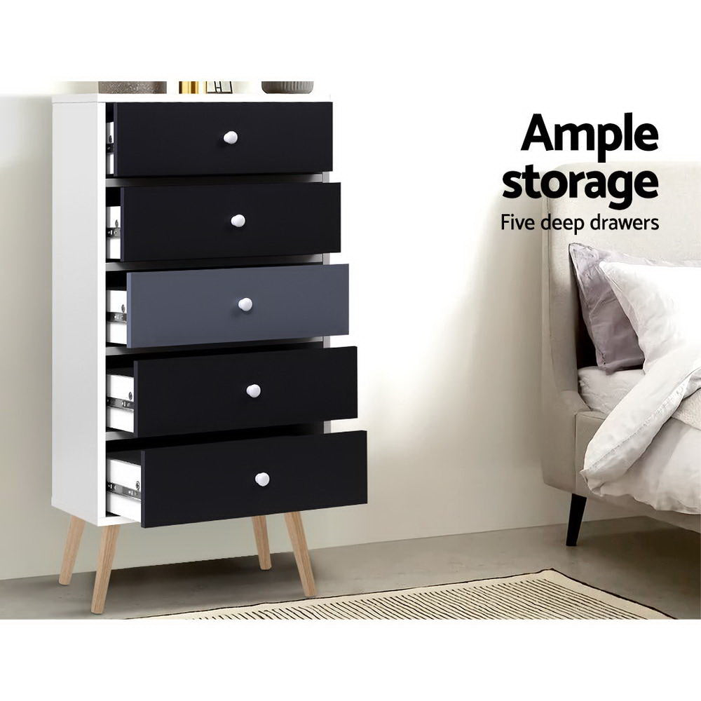 Artiss Bonds 5-Drawer Tallboy – Grey and White