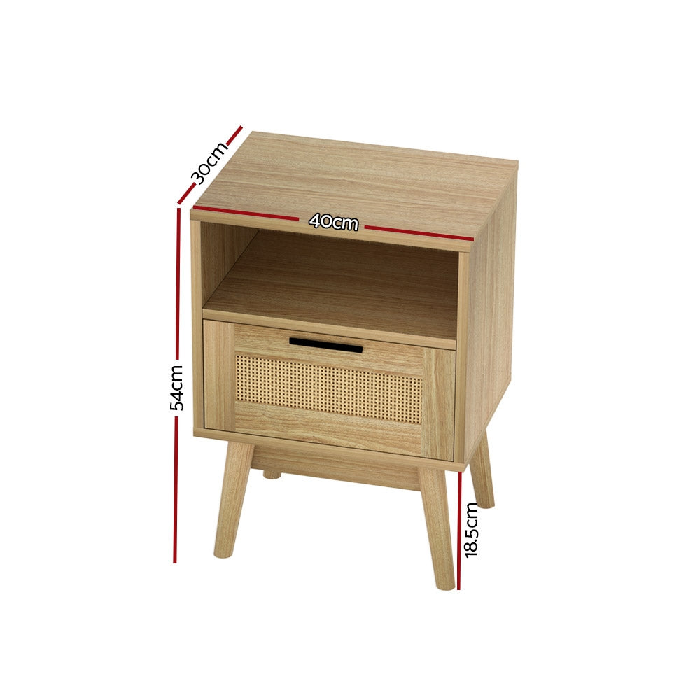 Artiss Rei Bedside Table with Rattan Drawer and Shelf – Wood Look
