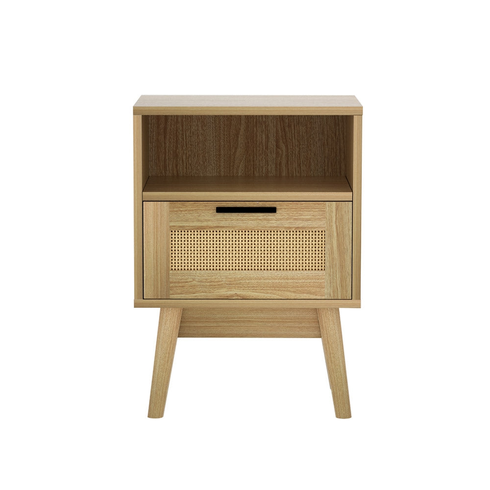 Artiss Rei Bedside Table with Rattan Drawer and Shelf – Wood Look