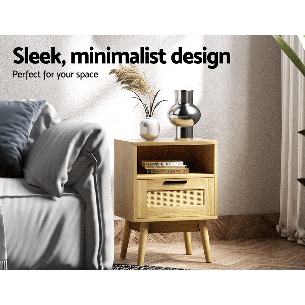 Artiss Rei Bedside Table with Rattan Drawer and Shelf – Wood Look