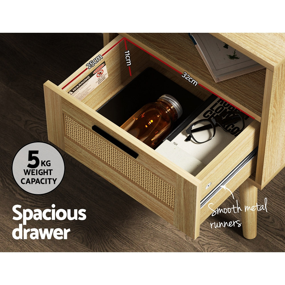 Artiss Rei Bedside Table with Rattan Drawer and Shelf – Wood Look