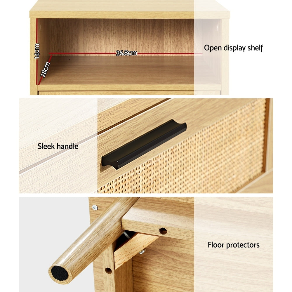 Artiss Rei Bedside Table with Rattan Drawer and Shelf – Wood Look