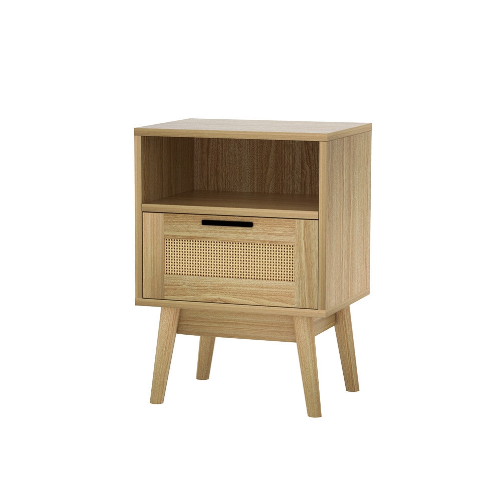 Artiss Rei Bedside Table with Rattan Drawer and Shelf – Wood Look