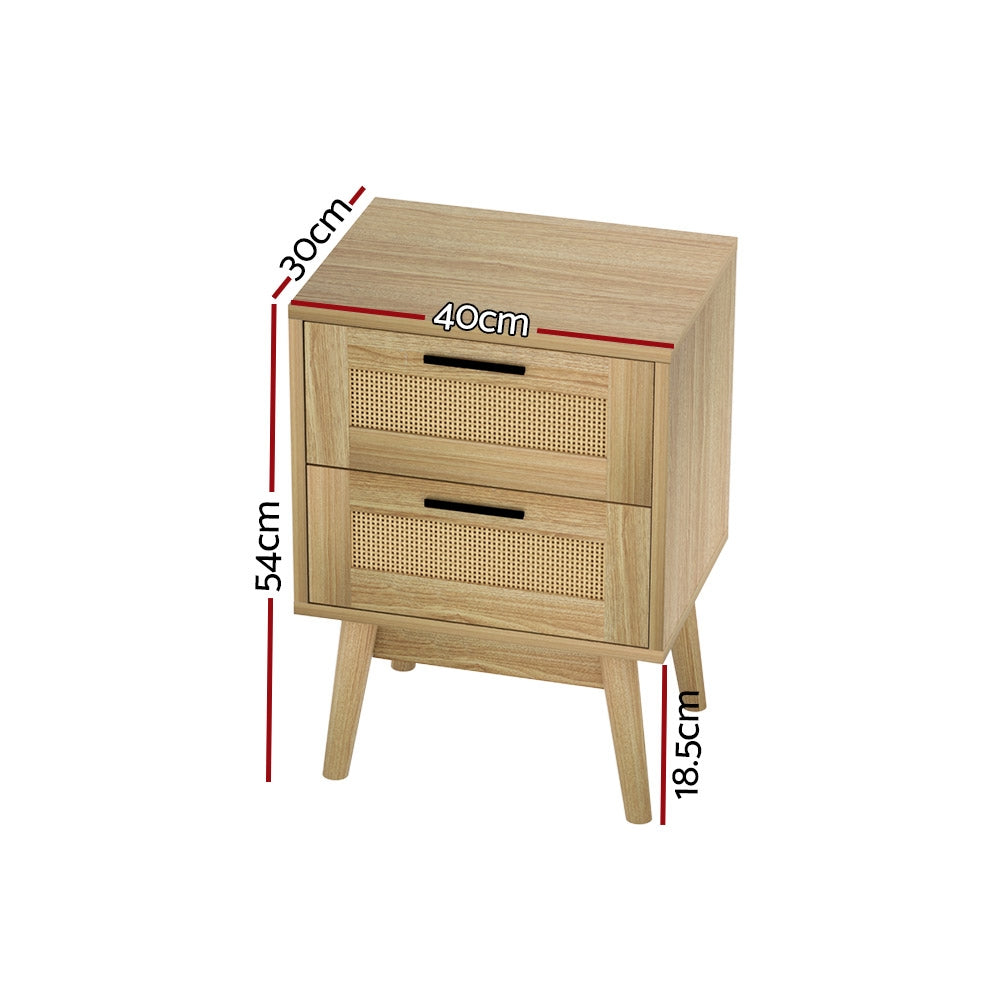 Artiss Rie Bedside Table with Rattan Detail and 2 Drawers – Wood Look