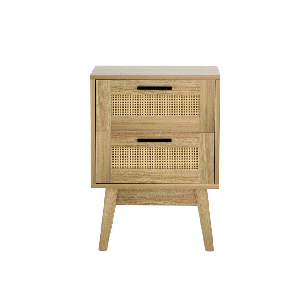 Artiss Rie Bedside Table with Rattan Detail and 2 Drawers – Wood Look