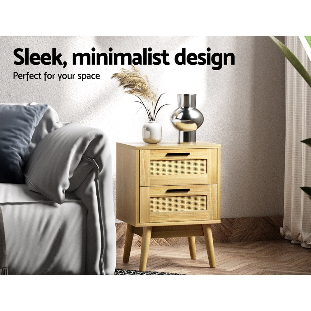 Artiss Rie Bedside Table with Rattan Detail and 2 Drawers – Wood Look