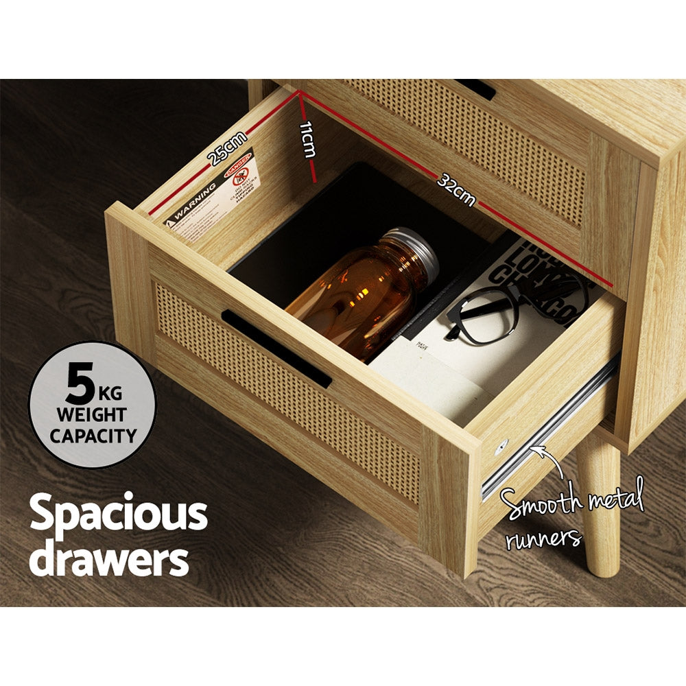 Artiss Rie Bedside Table with Rattan Detail and 2 Drawers – Wood Look