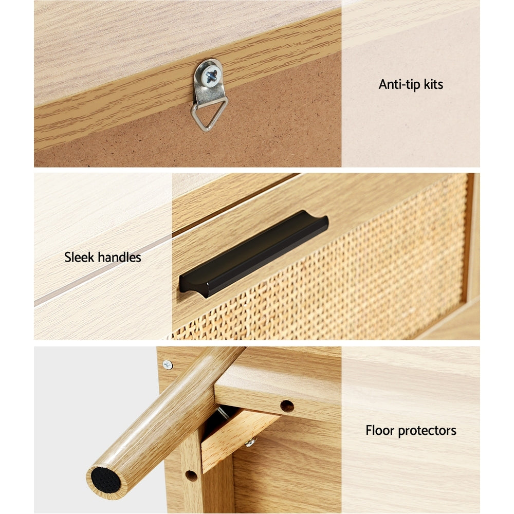 Artiss Rie Bedside Table with Rattan Detail and 2 Drawers – Wood Look