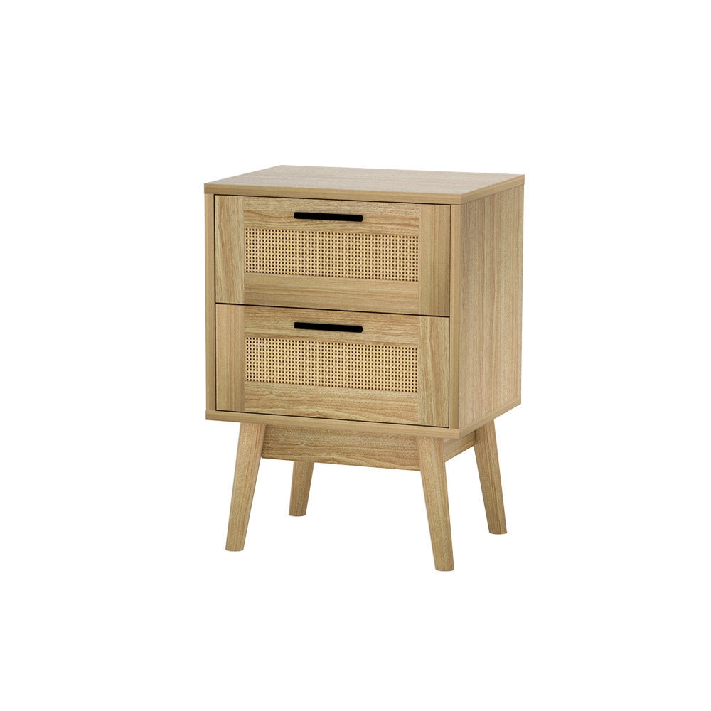 Artiss Rie Bedside Table with Rattan Detail and 2 Drawers – Wood Look