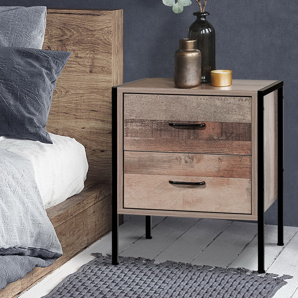 Artiss Barnly 2-Drawer Bedside Table – Black and Dark Oak Look