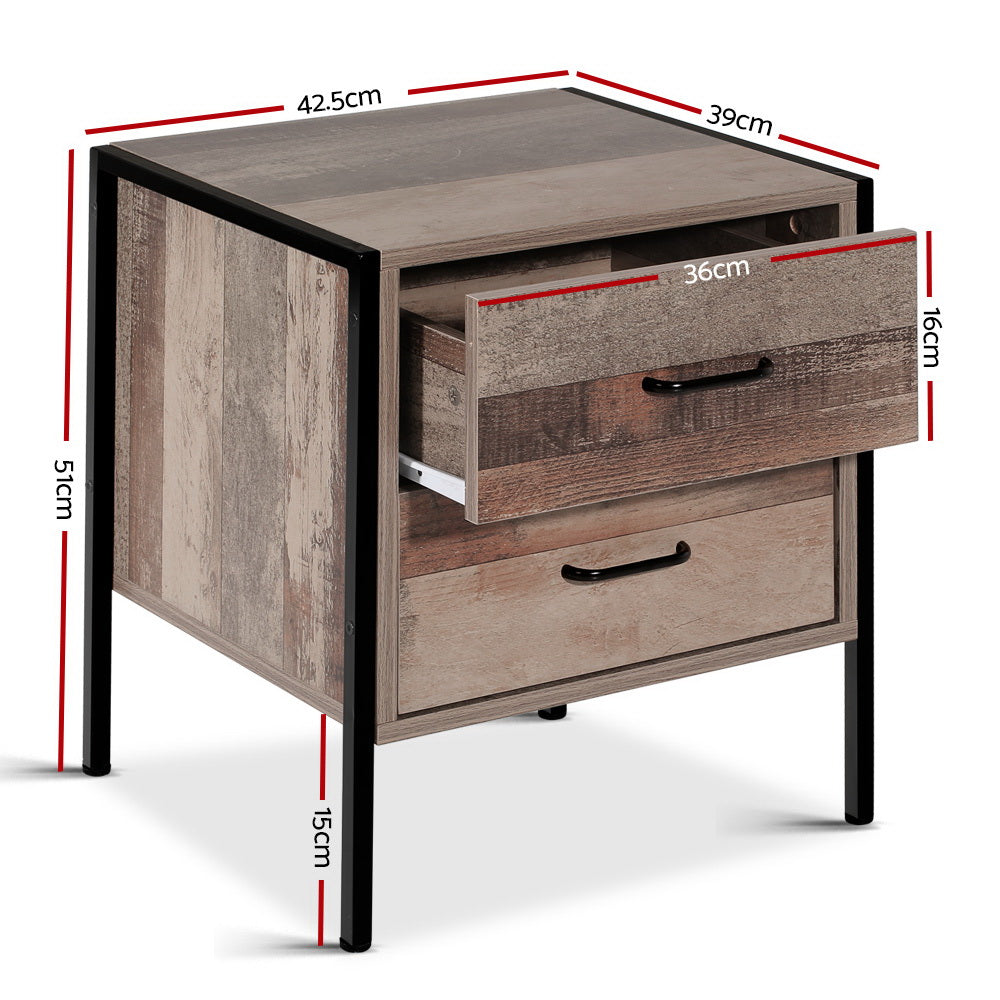 Artiss Barnly 2-Drawer Bedside Table – Black and Dark Oak Look
