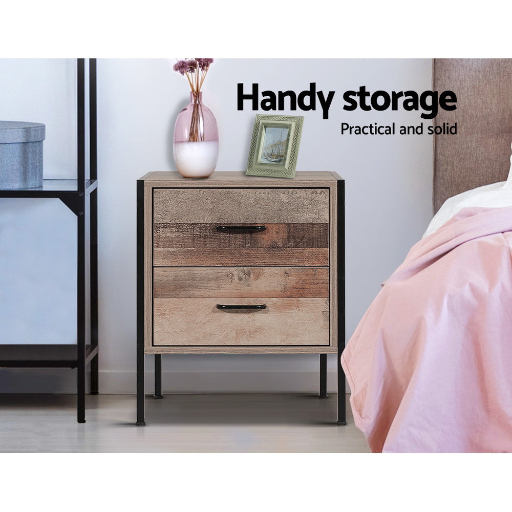 Artiss Barnly 2-Drawer Bedside Table – Black and Dark Oak Look