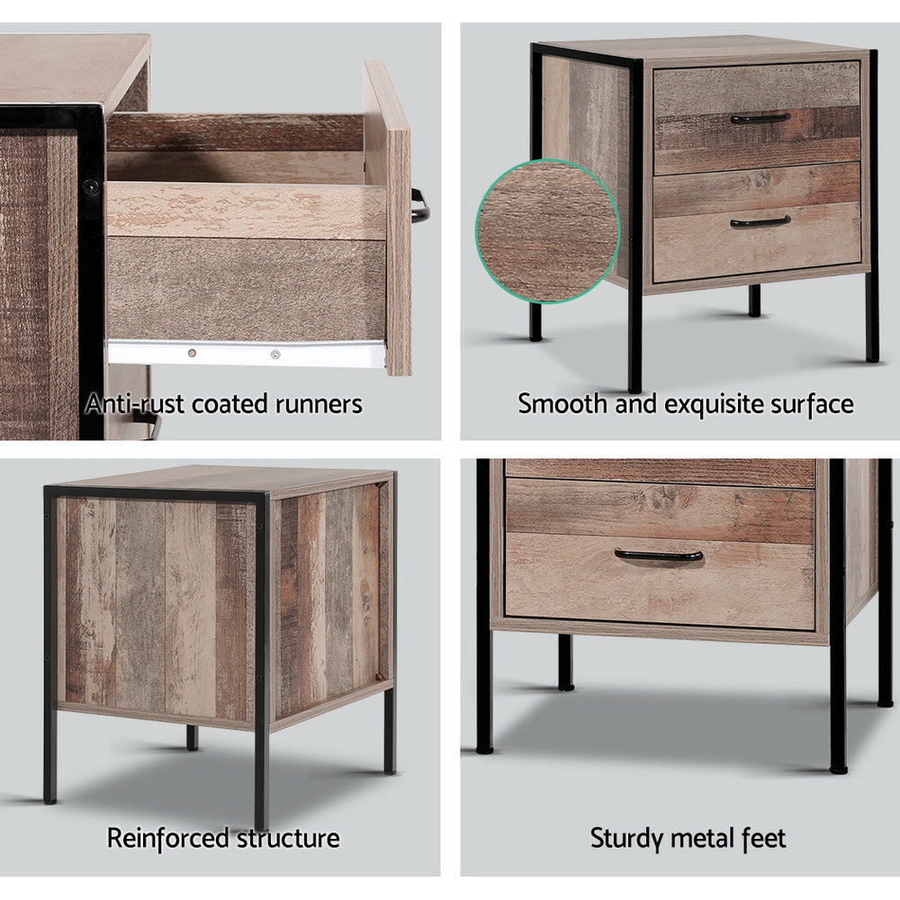 Artiss Barnly 2-Drawer Bedside Table – Black and Dark Oak Look