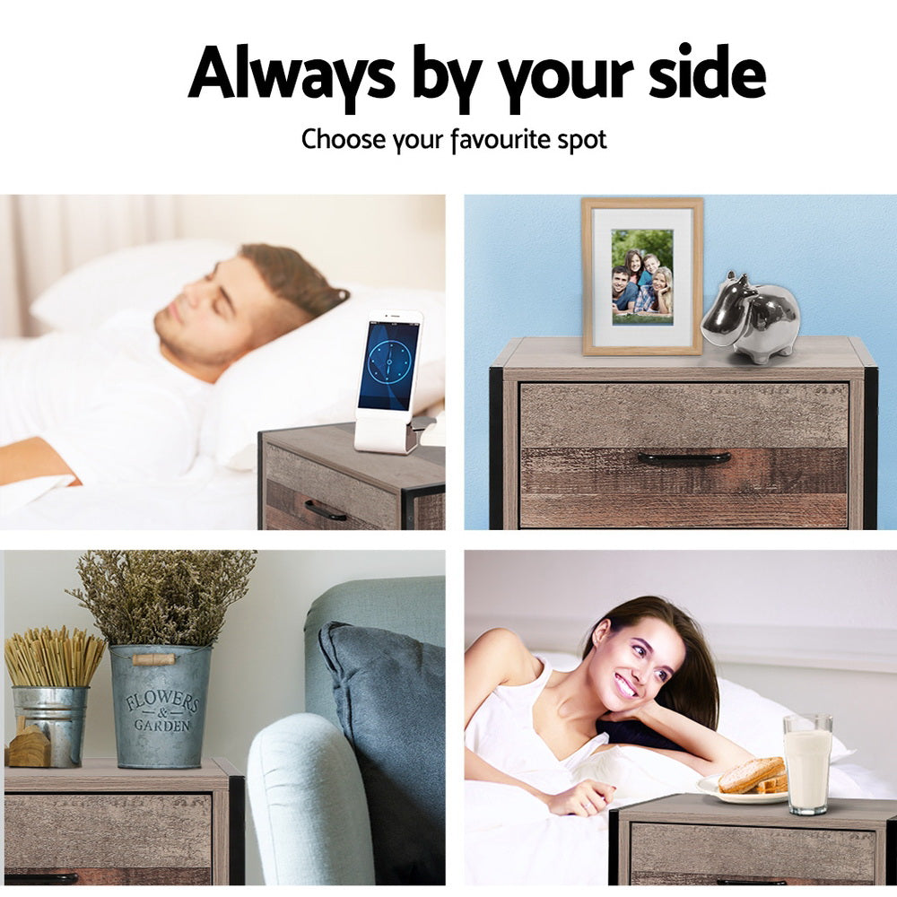 Artiss Barnly 2-Drawer Bedside Table – Black and Dark Oak Look