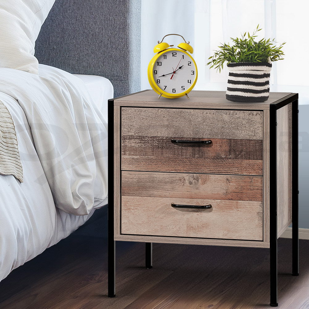 Artiss Barnly 2-Drawer Bedside Table – Black and Dark Oak Look