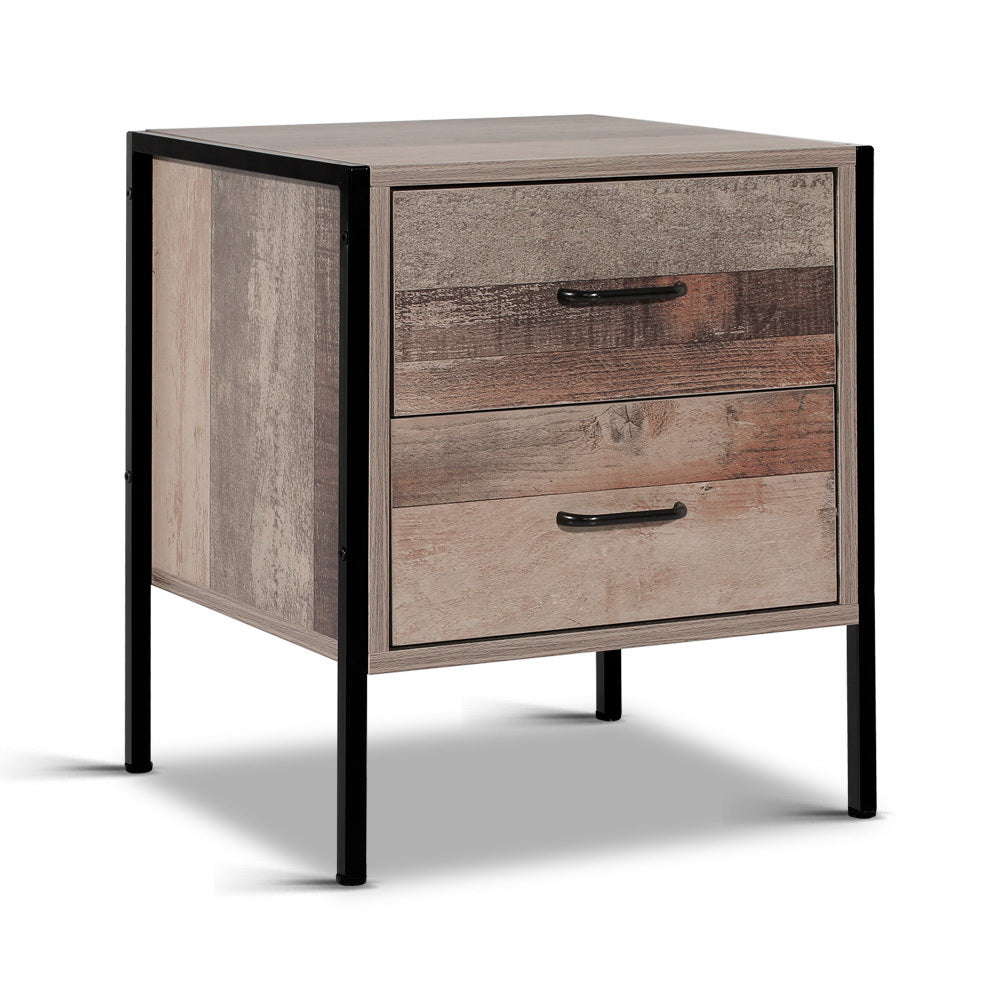 Artiss Barnly 2-Drawer Bedside Table – Black and Dark Oak Look