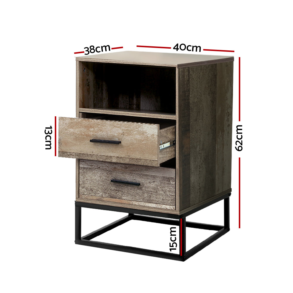 Artiss Badan 2-Drawer Bedside Table with Open Shelf – Wood Look
