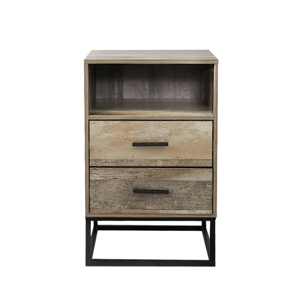 Artiss Badan 2-Drawer Bedside Table with Open Shelf – Wood Look