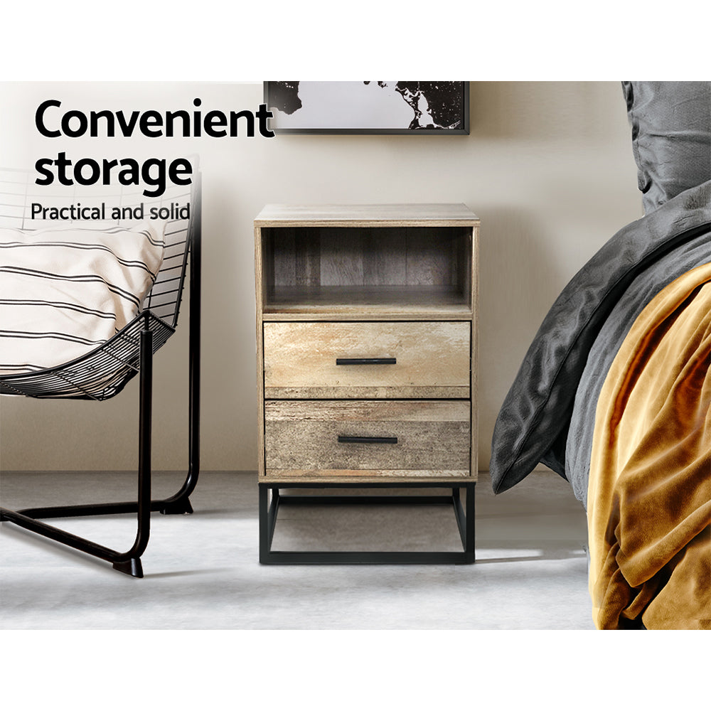Artiss Badan 2-Drawer Bedside Table with Open Shelf – Wood Look