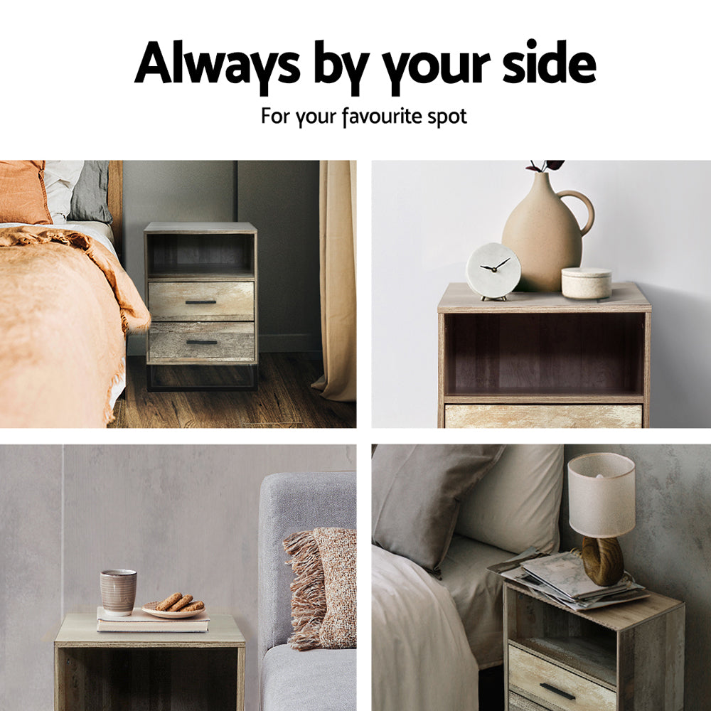 Artiss Badan 2-Drawer Bedside Table with Open Shelf – Wood Look