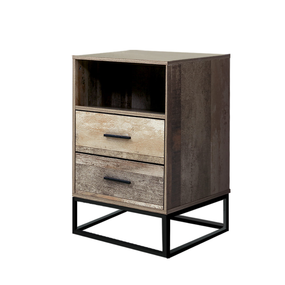 Artiss Badan 2-Drawer Bedside Table with Open Shelf – Wood Look