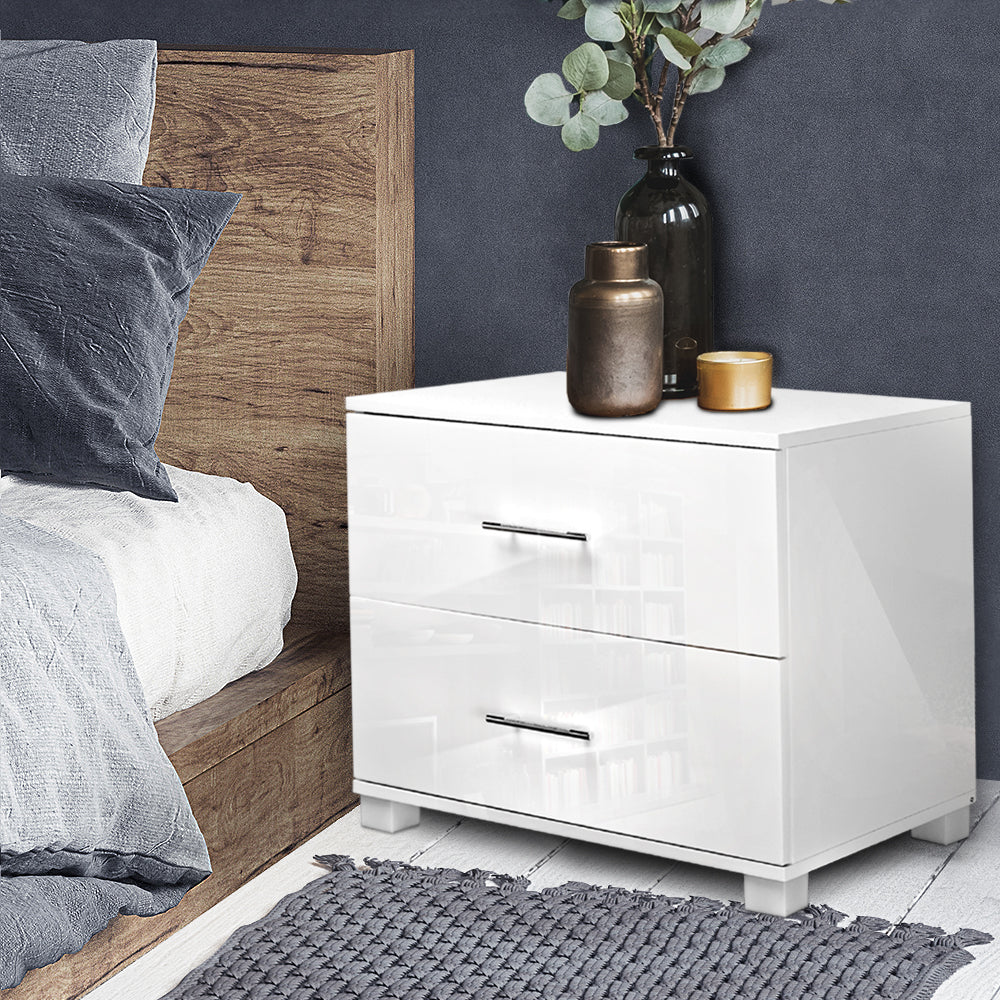 Artiss High-Gloss 2-Drawer Bedside Table – White