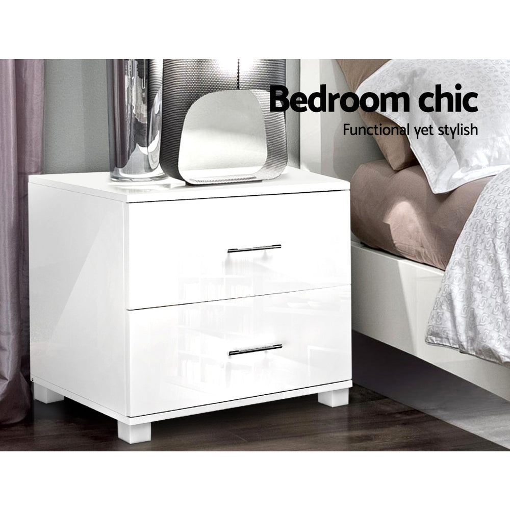Artiss High-Gloss 2-Drawer Bedside Table – White