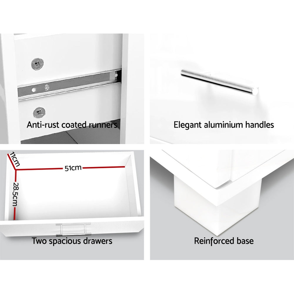 Artiss High-Gloss 2-Drawer Bedside Table – White