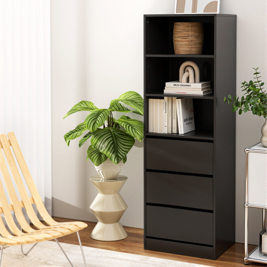 Artiss Tall Storage Cabinet with 3 Drawers and Shelves – Black